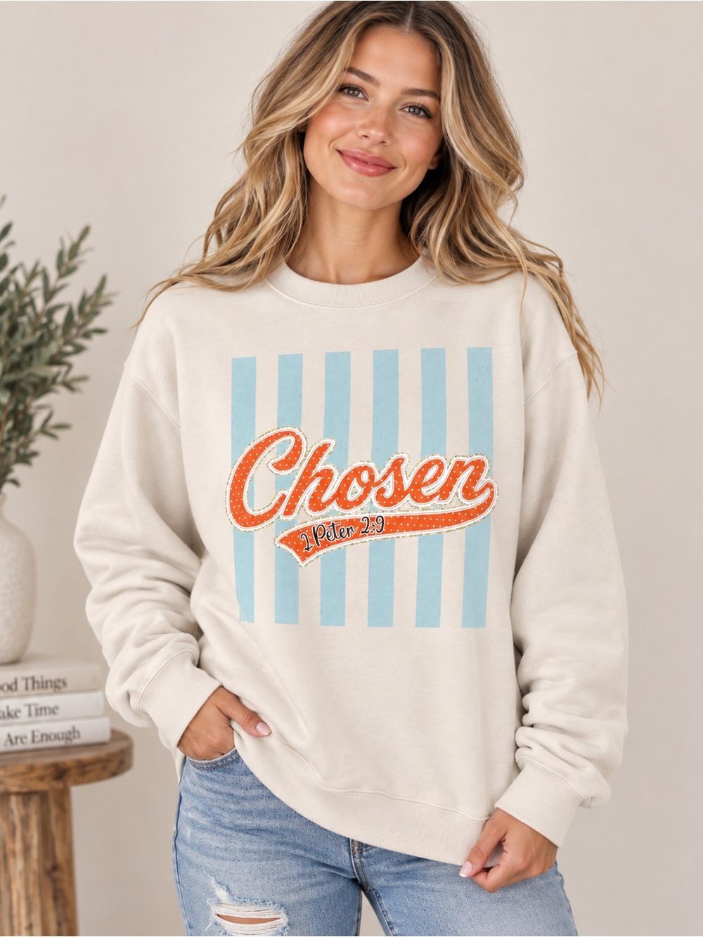 Chosen 1 Peter 2:9 Christian Graphic Sweatshirt Cream Retro Faith Oversized
